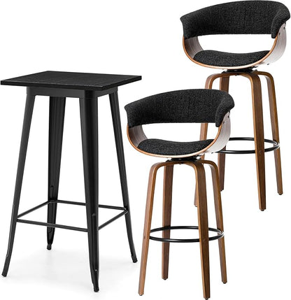 Glitzhome Bar Table and Chairs, Gray Fabric Adjustable Swivel Bar Stools Set of 2, Square Black Cocktail Pub Table for Kitchen Island Bistro Office Living Room Dining Room Small Space Restaurant