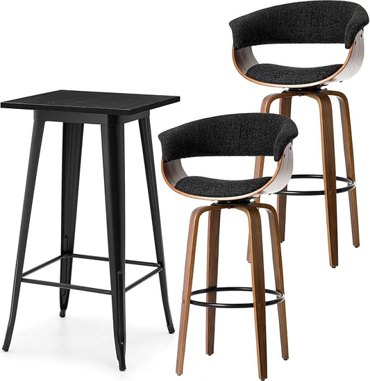 Glitzhome Bar Table and Chairs, Gray Fabric Adjustable Swivel Bar Stools Set of 2, Square Black Cocktail Pub Table for Kitchen Island Bistro Office Living Room Dining Room Small Space Restaurant