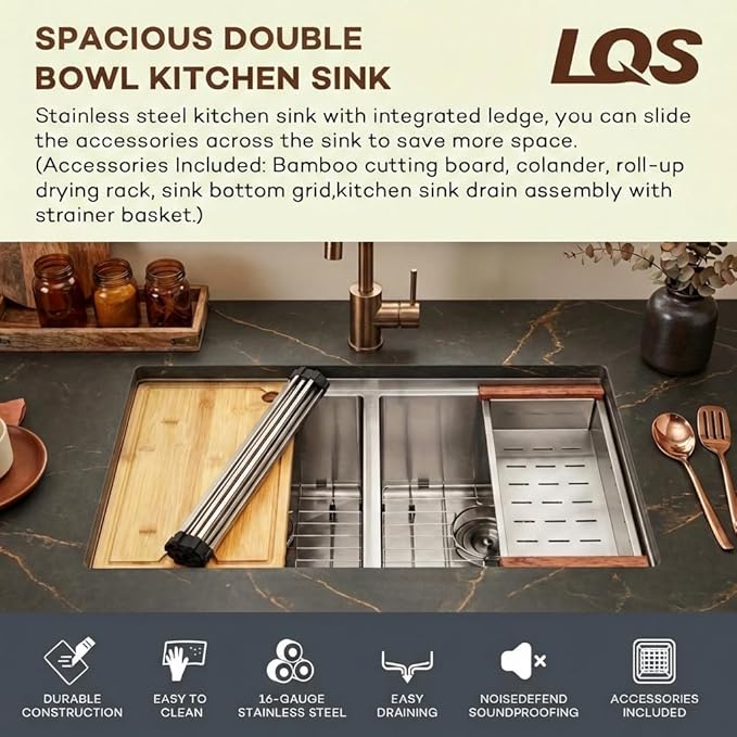 LQS Kitchen Sink Stainless Steel, Undermount Kitchen Sink 32 Inch, 50/50 Double Bowl True 16 Gauge Stainless Steel Handmade with Abundant Accessories, R10 Round Corner and 10” Depth for Large Kitchen