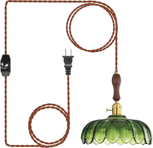 Plug in Pendant Light, Hanging Lights with Plug in Cord, Green Vintage Glass Pendant Light for Kitchen Island, Bedroom, Dining Room, Living Room, 11.5 Ft. Cord, E26 No Bulb