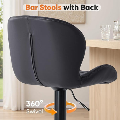 Sweetcrispy Bar Stools Set of 2, Modern Swivel Bar Chairs, Adjustable Fabric Upholstered Barstools Counter Height with Backrest for Bar, Kitchen Island, Dining Room, Black