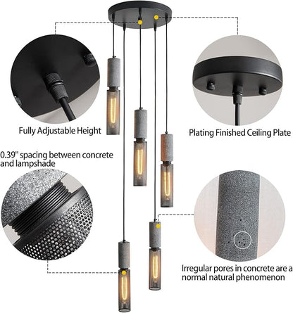 5-Light Concrete Linear Pendant Light with a Metal Mesh Shade,Modern Industrial Hanging Cement Pendant Lighting for Kitchen Island Bedroom Living Room Dining Room Light Fixture