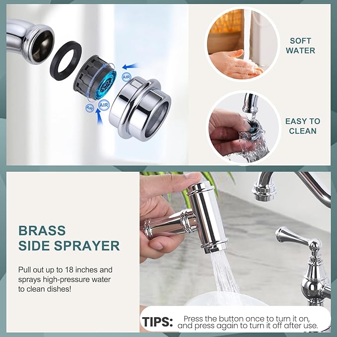 WOWOW 4 Hole Kitchen Faucet with Sprayer, 8 Inch Centerset Brass Bridge Kitchen Faucet 2 Handle with Side Sprayer, Vintage Farmhouse Kitchen Sink Faucet Chrome