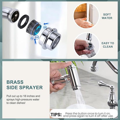 WOWOW 4 Hole Kitchen Faucet with Sprayer, 8 Inch Centerset Brass Bridge Kitchen Faucet 2 Handle with Side Sprayer, Vintage Farmhouse Kitchen Sink Faucet Chrome