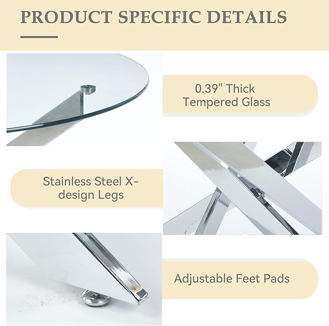 35.43'' Round Glass Dining Table,Modern Kitchen Table for 2-4 People,Dining Room Table with Tempered Glass Top and Metal Legs for Kitchen Apartment