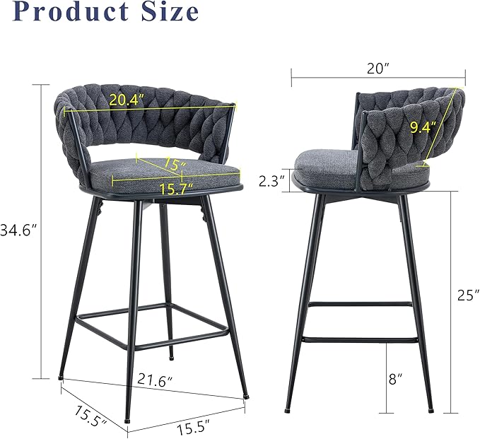 4 Set Swivel Bar Stools with Breathable Linen Cotton Seats 360° Rotating Counter Height Stools, Heavy Duty Iron Frame, 300lb Capacity for Kitchen Island, Dining Pub Blackish Gray