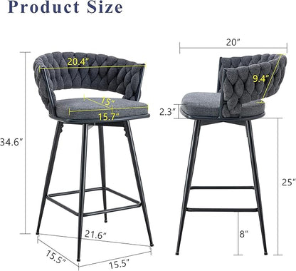 4 Set Swivel Bar Stools with Breathable Linen Cotton Seats 360° Rotating Counter Height Stools, Heavy Duty Iron Frame, 300lb Capacity for Kitchen Island, Dining Pub Blackish Gray