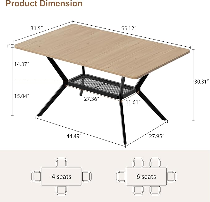 MECHYIN 55" Dining Table for 4-6, Industrial Kitchen Table with Spacious Storage Shelf, Sturdy Metal Frame Rectangular Dinner Table for Dining Room, Small Apartments, Home Office