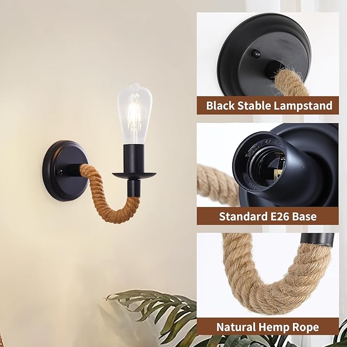 KUAUGST Black Rustic Wall Sconces, Retro Industrial Wall Lamps, Hemp Rope Wall Lamp, E26 Lamp Holder, Suitable for Bedroom Living Room Corridor Kitchen (Bulb not Included)