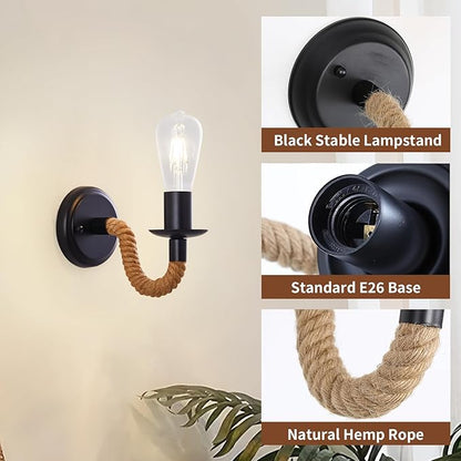 KUAUGST Black Rustic Wall Sconces, Retro Industrial Wall Lamps, Hemp Rope Wall Lamp, E26 Lamp Holder, Suitable for Bedroom Living Room Corridor Kitchen (Bulb not Included)