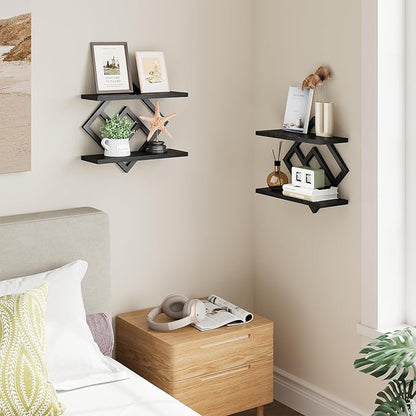 ELYKEN Floating Shelves for Wall, Set of 2 Hanging Shelves, 2-Tier Wall Mounted Storage Shelves for Books & Decor, Perfect for Living Room, Bedroom, Kitchen, Home Office, Study, Black