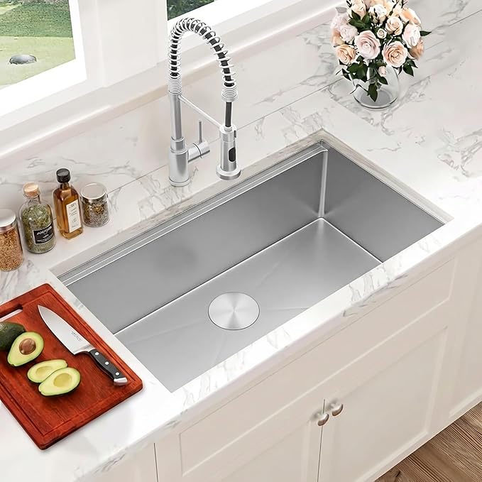Stainless Steel Undermount Kitchen Sink, 16 Gauge T-304S Workstation Sinks with Accessories, 33" x 18" x 10" Large and Deep Single Bowl Kitchen Sink For Home & Kitchen, Outdoor
