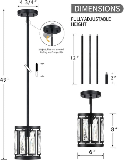 Crystal Pendant Lighting Fixture Matte Black Drum Shade Chandelier,2-Pack Pendant Lights for Kitchen Island Modern Ceiling Lights for Living Room