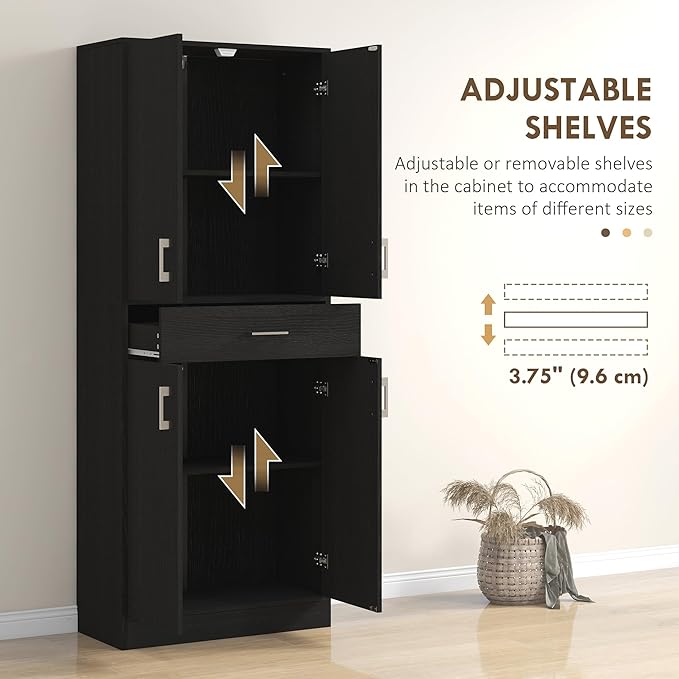 71" Kitchen Pantry, Freestanding Storage Cabinet with Drawer and Adjustable Shelf, 2 Double Door Cupboards, Black, Easy to Maintain, for Dining Room