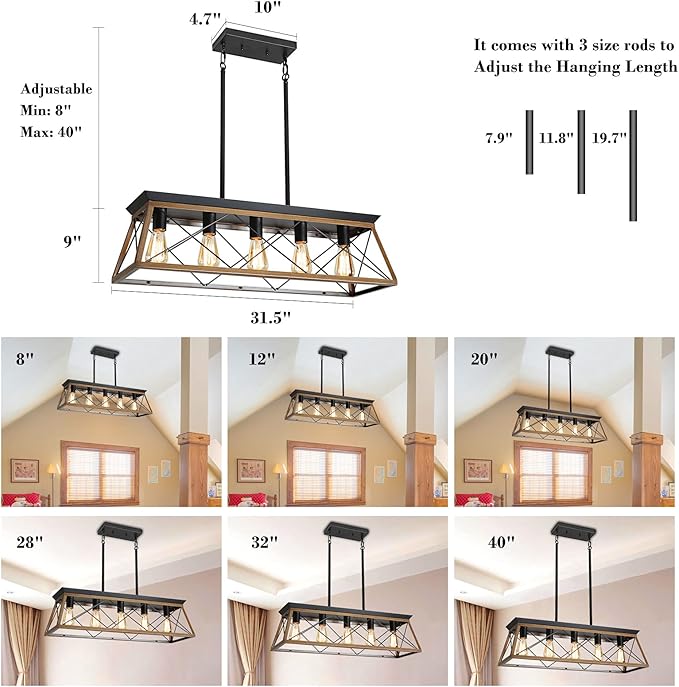 Farmhouse Chandeliers for Dining Room, Rustic Kitchen Island Light Fixture, 5-Light Linear Pendant Lighting Rectangular Chandelier, Metal Solid Ceiling Lights