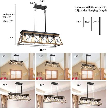 Farmhouse Chandeliers for Dining Room, Rustic Kitchen Island Light Fixture, 5-Light Linear Pendant Lighting Rectangular Chandelier, Metal Solid Ceiling Lights