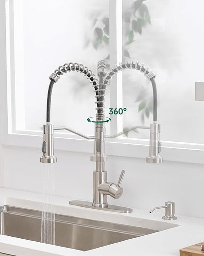 AIMADI Kitchen Faucet with Soap Dispenser and Pull Down Sprayer,Spring High Arc Design Stainless Steel Sink Faucet Single Handle 1 or 3 Hole Farmhouses,RV,Laundry,Outdoor