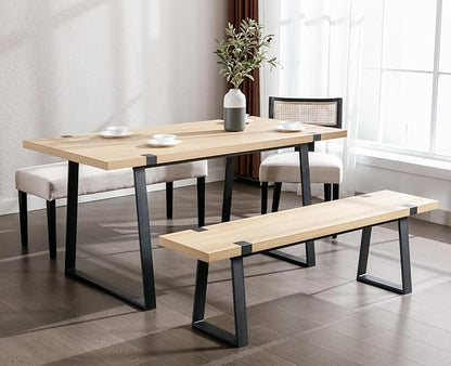 BESTANO Wooden Dining Bench 60” Industrial Table Benches, Seating Chair Rustic Indoor Benches, Mid Century Kitchen Bench with Metal Legs, Light Oak