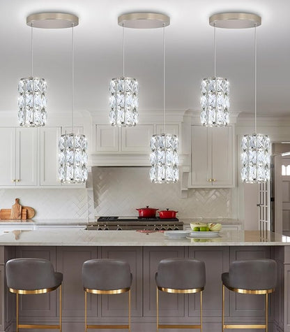 2-Lights Modern Crystal Pendant Lights for Kitchen Island LED Dimmable Glam Pendant Lighting Chandelier for Dining Room Hallway Corner Lamp Nickel