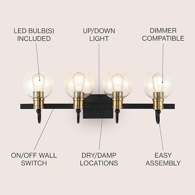 JONATHAN Y 29.75" Black/Brass Gold Vintage Wall Sconce, LED Vanity Light for Bathroom Bedroom Entryway, Clear Glass Globe Shade, Modern Industrial Arched Lamp, LED Bulb Included (JYL3529A)
