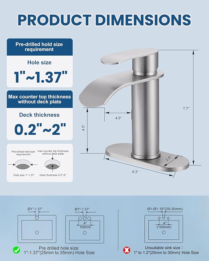 WOWOW Brushed Nickel Bathroom Faucet:Single Hole Waterfall Bathroom Faucets Sink with cUPC Supply Lines and Pop Up Drain,Modern Single Handle Bathroom Faucet 1 Hole for Countertop,Bathroom Sink Faucet