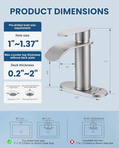 WOWOW Brushed Nickel Bathroom Faucet:Single Hole Waterfall Bathroom Faucets Sink with cUPC Supply Lines and Pop Up Drain,Modern Single Handle Bathroom Faucet 1 Hole for Countertop,Bathroom Sink Faucet