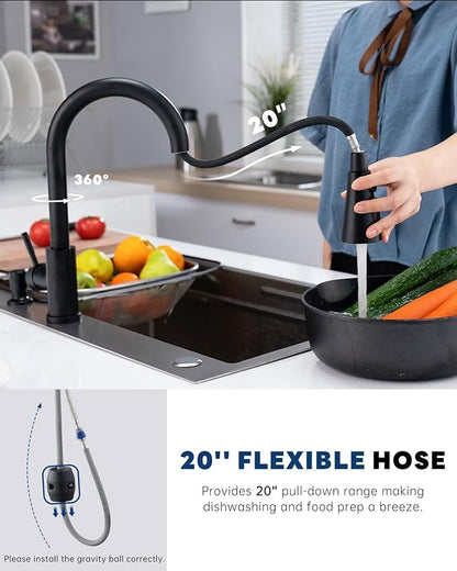 Matte Black Kitchen Faucets with Soap Dispenser,Kitchen Faucet with Pull Down Sprayer 3 Modes, Stainless Steel Modern Kitchen Sink Faucets High Arch Single Handle Faucet