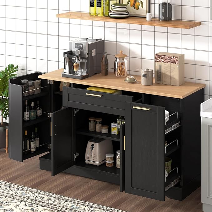 Modern Kitchen Island with Extendable Dining Table, Multi-Functional Storage Sideboard with Adjustable Shelves and 3-Tier Pull-Out Rack, Islands Cart for Kitchen, Dining Room, Living Room (Black)