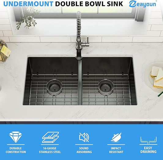 33 Inch Gunmetal Black Undermount Double Bowl Kitchen Sink 16 Gague Stainless Steel Double Handmade Sinks 50/50 Large Deep Double Bowl Sinks 33"x19"x10"