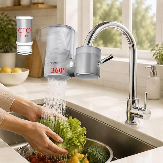 Vortopt Faucet Water Filter,360° Rotary Kitchen Faucet Filter with Carbon Block Filter,350 Gallon NSF Certified Agua Purifier,Can Reduce 99% Chlorine,Improve Taste,Drinking Water Filter,T10-Silvery.