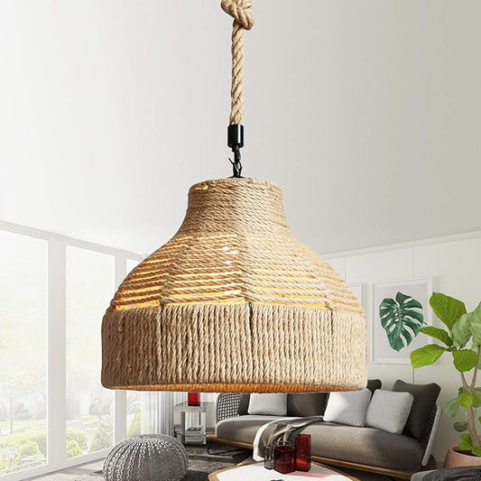 GWY Hemp Rope Weaved Pendant Lamp, Retro Natural Rattan Handmade Woven E27 Chandelier Hanging Light Ceiling Lighting Fixture for Living Room Bedroom Restaurant Cafe Teahouse Bar Dining Room Club