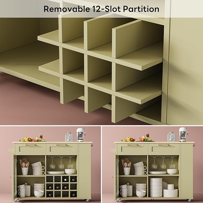 LIKIMIO Rolling Kitchen Island with Storage, 39.4" W Mobile Cart with Power Outlet & Drop Leaf Table, 2 Drawers, Removable 12 Grids, 3 Wine Racks, 360°Casters, Adjustable Shelf, Glass Door, Green