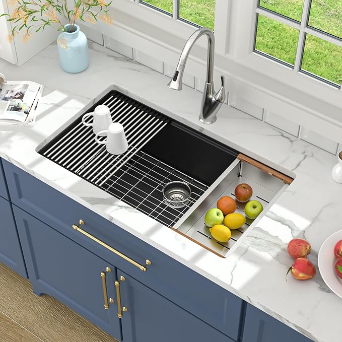 Lordear 33 Black Kitchen Sink Granite Composite Undermount Sink 33x19 Inch Quartz Composite Black Deep Single Bowl Workstation Undermount Kitchen Sinks