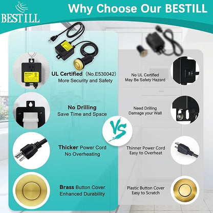 BESTILL Garbage Disposal Air Switch Kit, Brushed Brass Finish, Compatible with Kohler Vibrant Brushed Moderne Brass Faucets, Sink Top On/Off Long Push Button for Waste Disposer, UL Listed