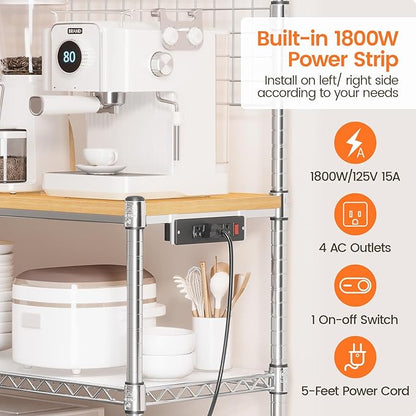 Leteuke Bakers Rack with Power Outlet & Storage, 36 Inch Microwave Stand Kitchen Cart, 4-Tier Metal Kitchen Shelves Cart with Wheels & 20 S-Hooks for Kitchen, NSF Certified, 63 x 18 x 36 Inch-Chrome