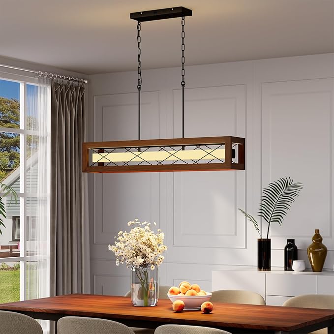 39.4" Farmhouse Dining Room Light Fixture Over Table, Rustic Wood Linear Chandeliers for Dining Room, 34W LED Dimmable Kitchen Island Lighting, Hanging Rectangular Pendant Light with Remote