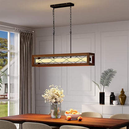39.4" Farmhouse Dining Room Light Fixture Over Table, Rustic Wood Linear Chandeliers for Dining Room, 34W LED Dimmable Kitchen Island Lighting, Hanging Rectangular Pendant Light with Remote