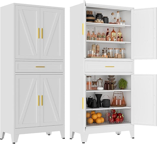 LCAOPC 71" Tall Pantry Storage Cabinet with Drawer and Adjustable Shelves, Freestanding Tall Kitchen Cupboard Storage Cabinet for Kitchen,Dining Room, Living Room, White