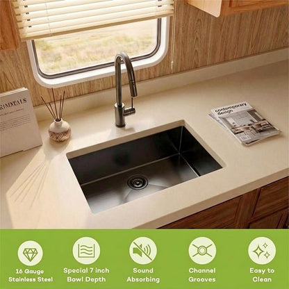 RV Kitchen Sink 25 X 15 inch,Black Undermount Kitchen Sink with 7 inch Depth,Stainless Steel Kitchen Sinks for RV,Outdoor Caming Van Sink