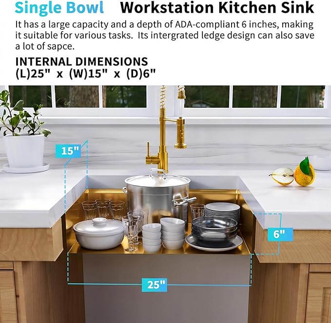 Gold Undermount Kitchen Sink, 16 Guage 304S Stainless Steel Workstation Sinks with Ledge & Accessories, 27" x 18" x 6" ADA-Compliant Single Bowl Kitchen Sinks, 6 Inch Depth RV Kitchen Sink