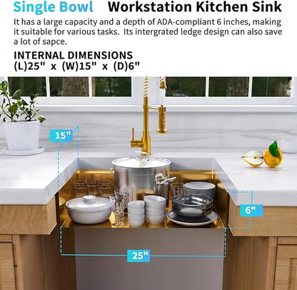 Gold Undermount Kitchen Sink, 16 Guage 304S Stainless Steel Workstation Sinks with Ledge & Accessories, 27" x 18" x 6" ADA-Compliant Single Bowl Kitchen Sinks, 6 Inch Depth RV Kitchen Sink