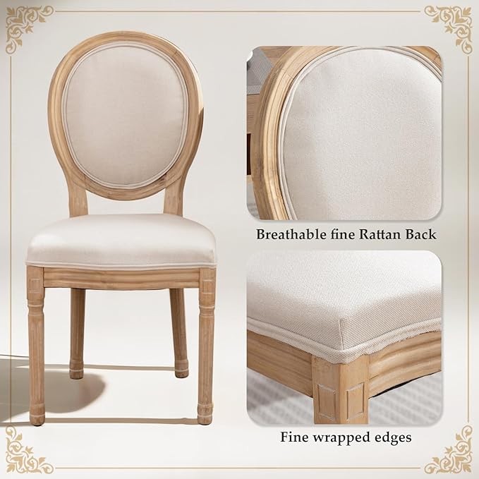 SoarFlash French Dining Chairs Set of 6, Vantage Linen Dining Chair with Round Back, Farmhouse Country Dining Chair for Living Room,Kitchen,Bedroom,Beige