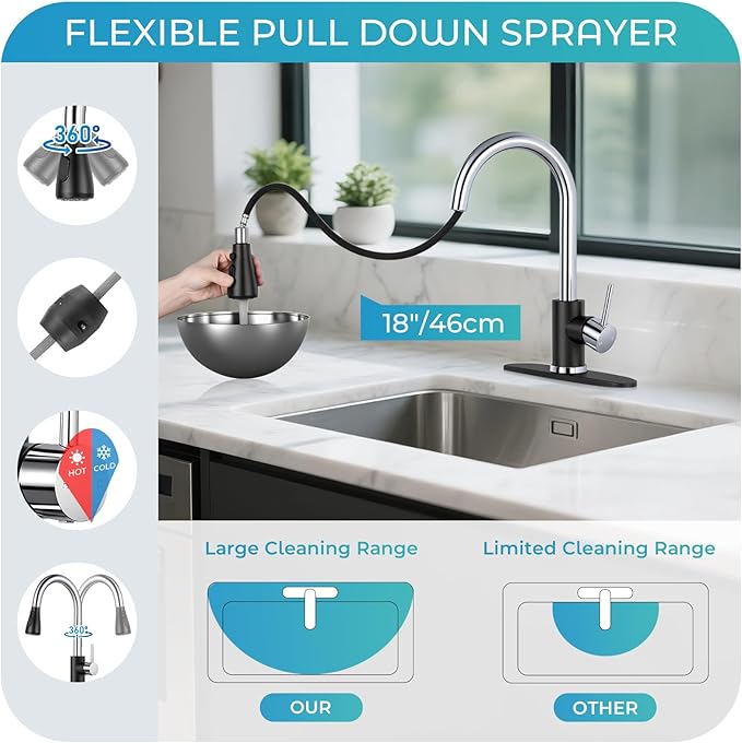Kitchen Faucet with Pull Down Sprayer - Black & Chrome Single Handle Kitchen Faucets, High Arc Stainless Steel Pull Out Kitchen Sink Faucet with Deck for RV Laundry Farmhouse Bar