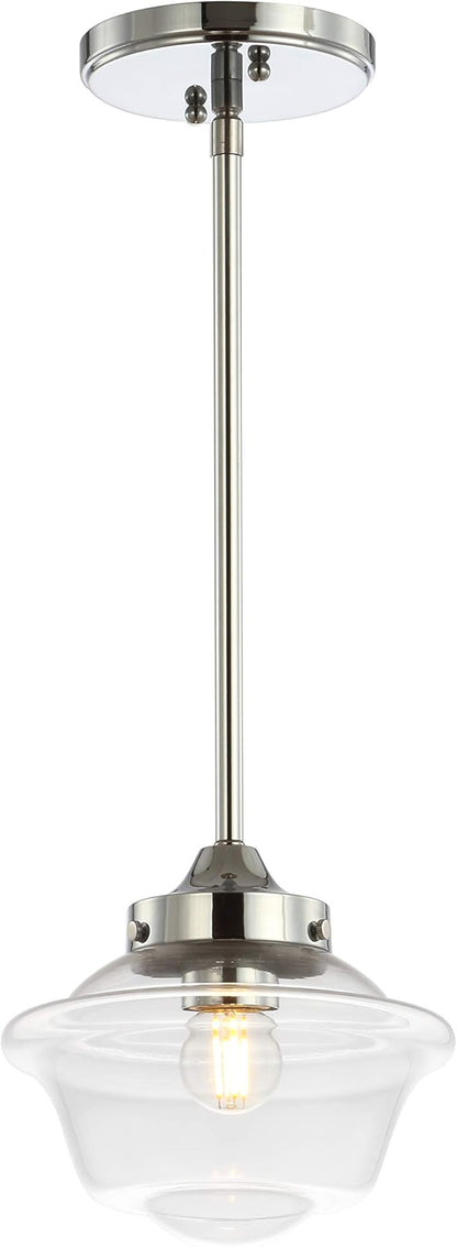 JONATHAN Y 7.25" Chrome Modern Schoolhouse LED Pendant Light Fixture, Adjustable Drop Metal Hanging Lamp with White Glass Shade for Kitchen Island, Dining Room, Foyer (JYL3516B)