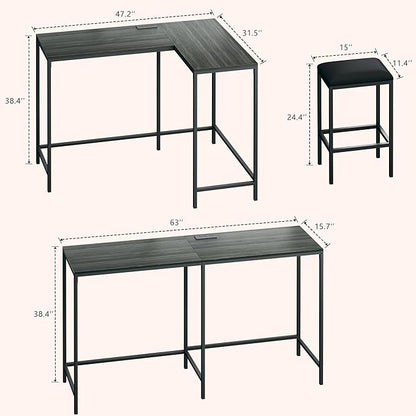 HUAHUU L Shaped Bar Table with 2 Stools, 63‘’ Bar Height Table with Power Outlets, Convertible Corner Counter Height Bar Table, Rectangular High Top Table for Small Spaces, Breakfast Nook, Grey Oak