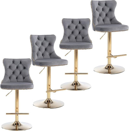 Rhomtree Velvet Swivel Bar Stools Upholstered Bar Stool with Button Tufted Back and Pull Ring Height Adjustable Barstools 25-33 Inch for Home Pub and Kitchen Island (Gray with Gold Base, Set of 4)