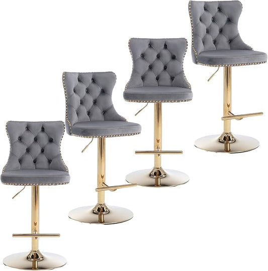 Rhomtree Velvet Swivel Bar Stools Upholstered Bar Stool with Button Tufted Back and Pull Ring Height Adjustable Barstools 25-33 Inch for Home Pub and Kitchen Island (Gray with Gold Base, Set of 4)