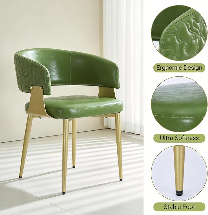 Atoll Modern Accent Dining Chairs Set of 2 with Upholstered PU Leather Seat & Curved Back, Metal Legs, Mid-Century Kitchen Chair for Dining Room, Living Room or Office (2, Green)