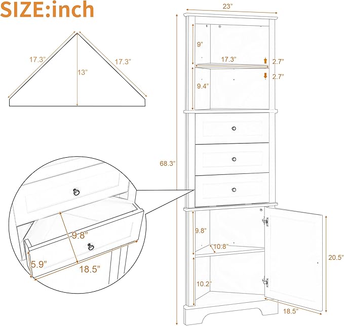 69" H Tall Corner Cabinet with Adjustable Shelves and Drawers, Storage Bookshelf Space Saver for Bathroom or Kitchen, White