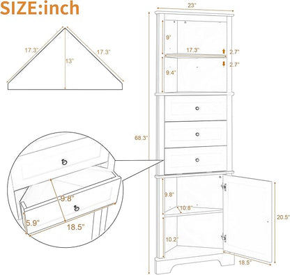 69" H Tall Corner Cabinet with Adjustable Shelves and Drawers, Storage Bookshelf Space Saver for Bathroom or Kitchen, White